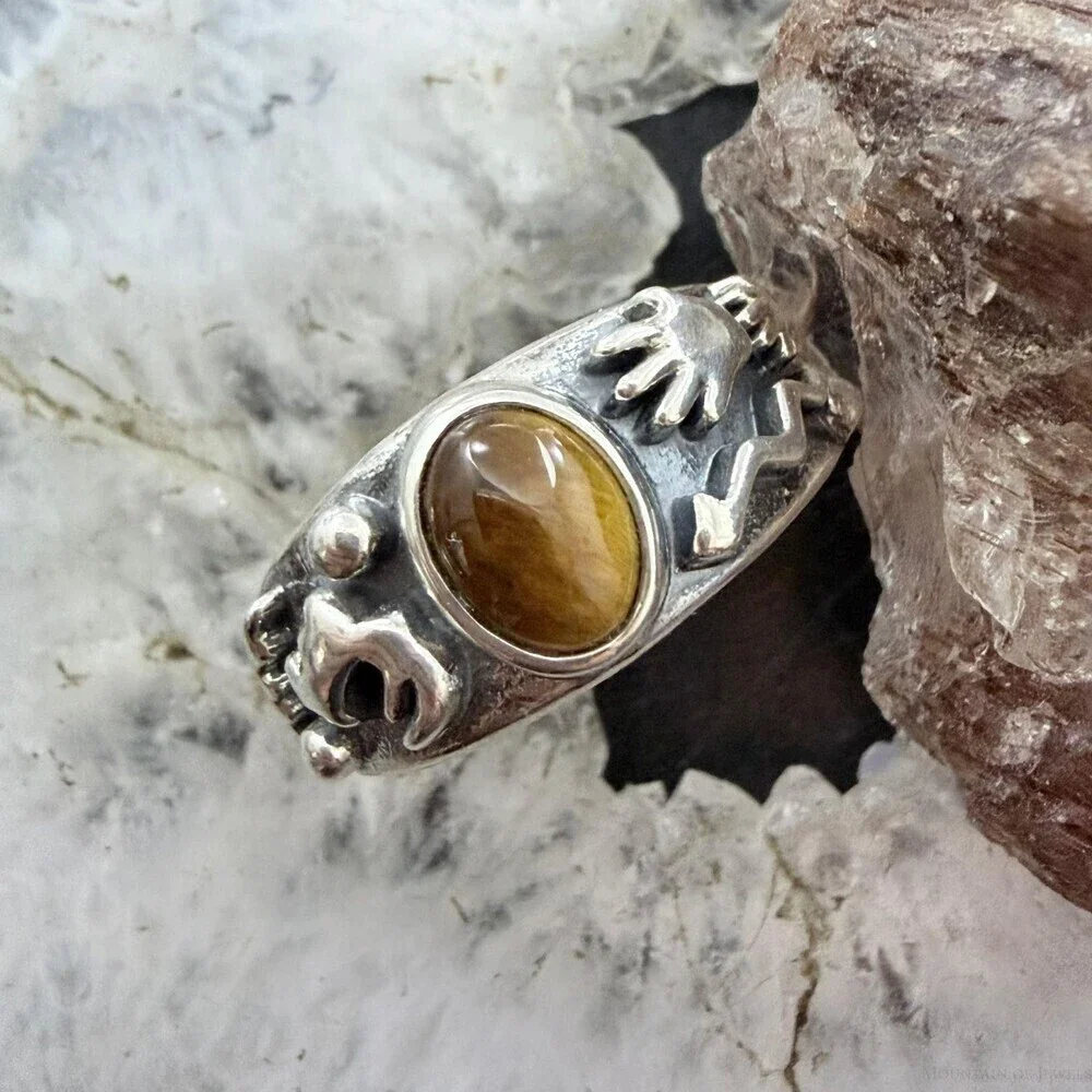 Jody Naranjo Vintage Sterling Silver Tiger's Eye Petroglyph Ring Sz 8 For Women